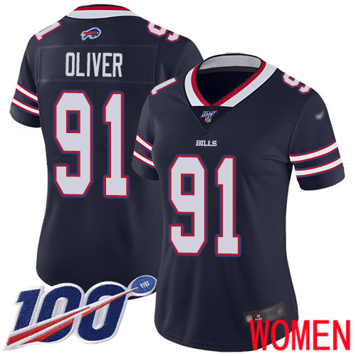 Women Buffalo Bills #91 Ed Oliver Limited Navy Blue Inverted Legend 100th Season NFL Jersey->women nfl jersey->Women Jersey